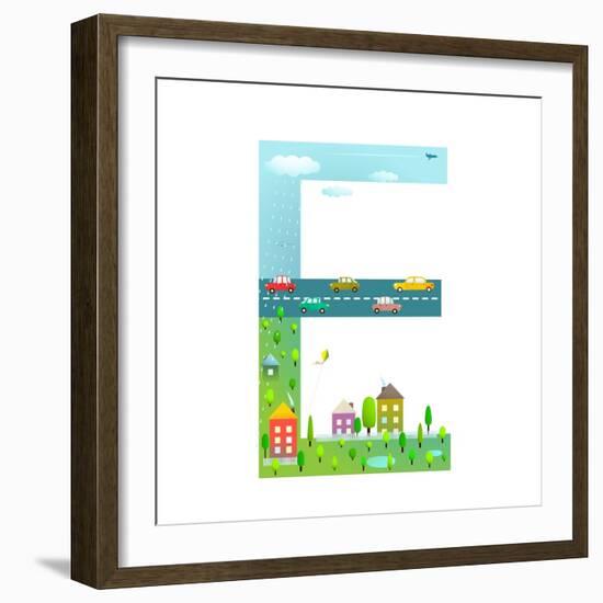 Flat Style Alphabet Letter E for Kids with Cars and City. for Children Boys and Girls with City, Ho-Popmarleo-Framed Art Print