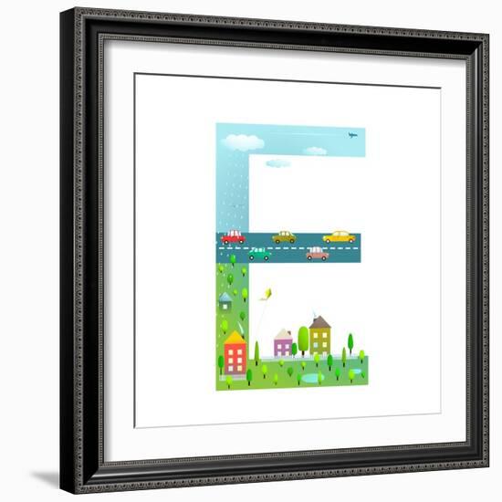 Flat Style Alphabet Letter E for Kids with Cars and City. for Children Boys and Girls with City, Ho-Popmarleo-Framed Art Print