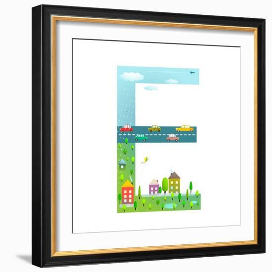 Flat Style Alphabet Letter E for Kids with Cars and City. for Children Boys and Girls with City, Ho-Popmarleo-Framed Art Print