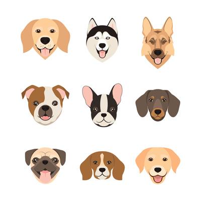 'Flat Style Dog Head Icons. Cartoon Dogs Faces Set. Vector Illustration
