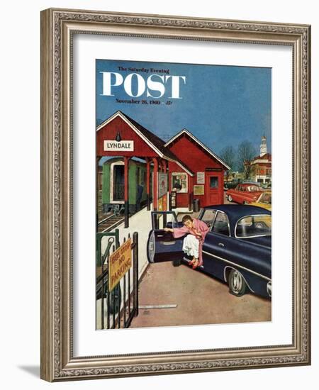"Flat Tire at the Commuter Station," Saturday Evening Post Cover, November 26, 1960-Amos Sewell-Framed Giclee Print