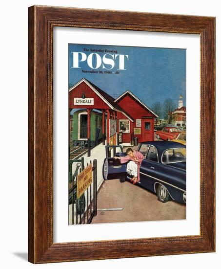 "Flat Tire at the Commuter Station," Saturday Evening Post Cover, November 26, 1960-Amos Sewell-Framed Giclee Print