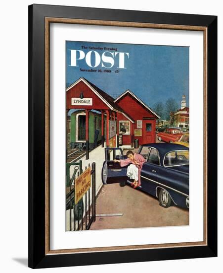 "Flat Tire at the Commuter Station," Saturday Evening Post Cover, November 26, 1960-Amos Sewell-Framed Giclee Print