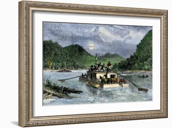 Flatboat of Settlers Descending the Ohio River, 1800s-null-Framed Giclee Print