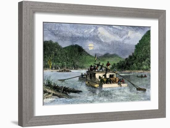 Flatboat of Settlers Descending the Ohio River, 1800s-null-Framed Giclee Print