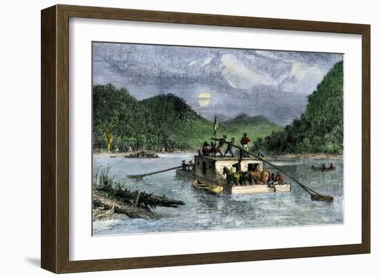 Flatboat of Settlers Descending the Ohio River, 1800s-null-Framed Giclee Print