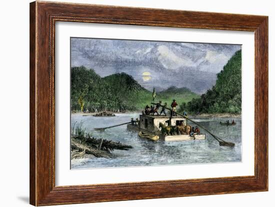 Flatboat of Settlers Descending the Ohio River, 1800s-null-Framed Giclee Print