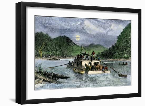 Flatboat of Settlers Descending the Ohio River, 1800s-null-Framed Giclee Print