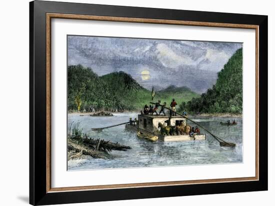 Flatboat of Settlers Descending the Ohio River, 1800s-null-Framed Giclee Print