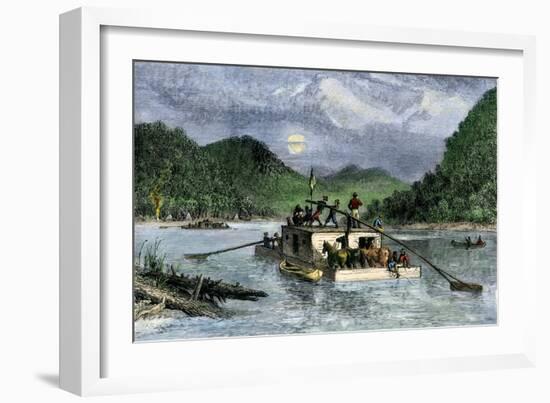 Flatboat of Settlers Descending the Ohio River, 1800s-null-Framed Giclee Print