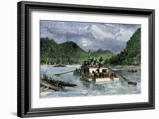 Flatboat of Settlers Descending the Ohio River, 1800s-null-Framed Giclee Print