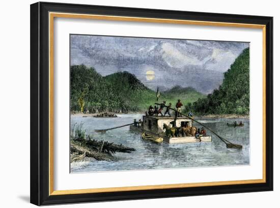 Flatboat of Settlers Descending the Ohio River, 1800s-null-Framed Giclee Print