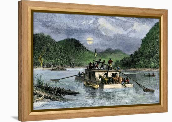 Flatboat of Settlers Descending the Ohio River, 1800s-null-Framed Premier Image Canvas