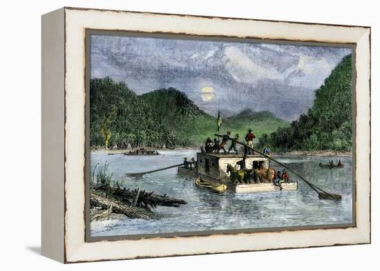 Flatboat of Settlers Descending the Ohio River, 1800s-null-Framed Premier Image Canvas