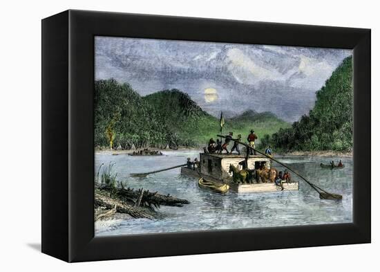 Flatboat of Settlers Descending the Ohio River, 1800s-null-Framed Premier Image Canvas