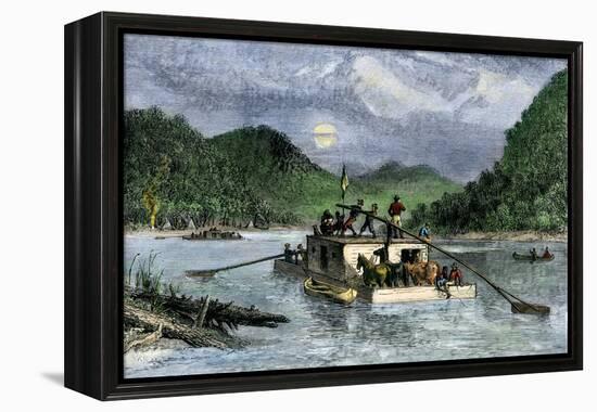 Flatboat of Settlers Descending the Ohio River, 1800s-null-Framed Premier Image Canvas