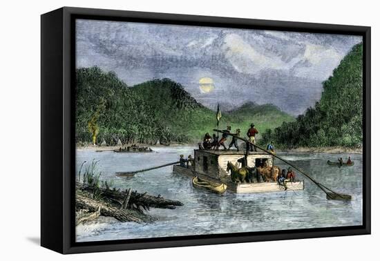 Flatboat of Settlers Descending the Ohio River, 1800s-null-Framed Premier Image Canvas