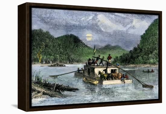 Flatboat of Settlers Descending the Ohio River, 1800s-null-Framed Premier Image Canvas