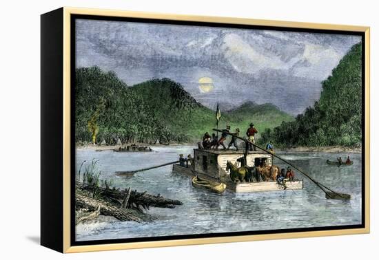 Flatboat of Settlers Descending the Ohio River, 1800s-null-Framed Premier Image Canvas