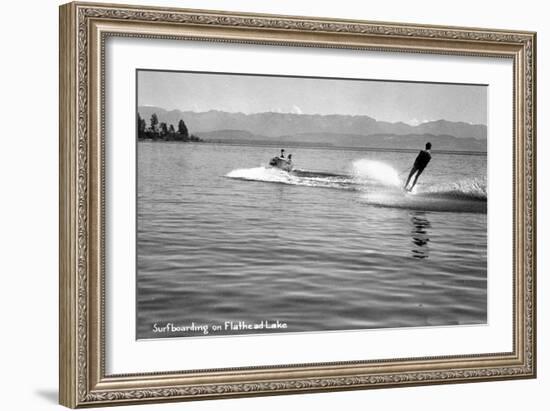 Flathead Lake, Montana, View of a Man Water-Skiing, Couple in Speedboat-Lantern Press-Framed Art Print