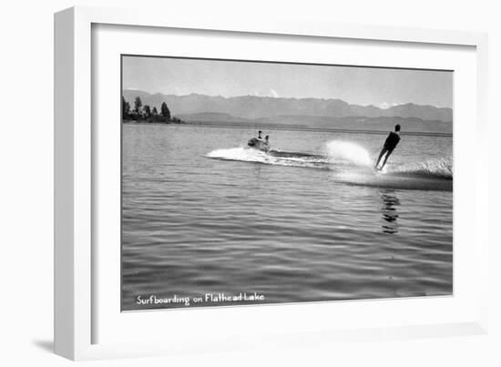Flathead Lake, Montana, View of a Man Water-Skiing, Couple in Speedboat-Lantern Press-Framed Art Print