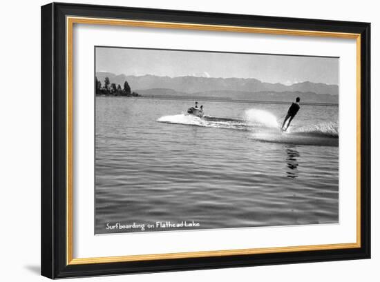 Flathead Lake, Montana, View of a Man Water-Skiing, Couple in Speedboat-Lantern Press-Framed Art Print