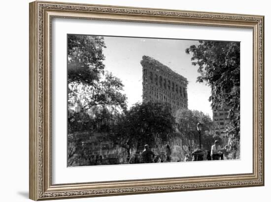 Flatiron Building in NYC Through Reflection in Fountain in Madison Sq. Park-null-Framed Photo