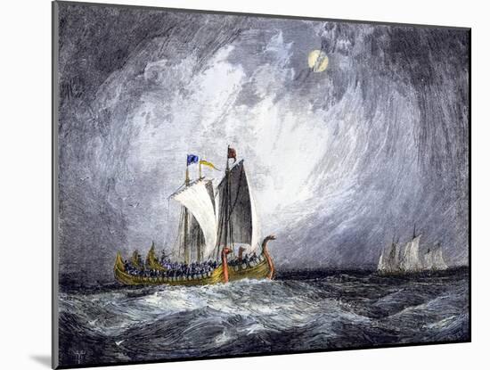 Fleet of Viking Ships at Sea-null-Mounted Giclee Print