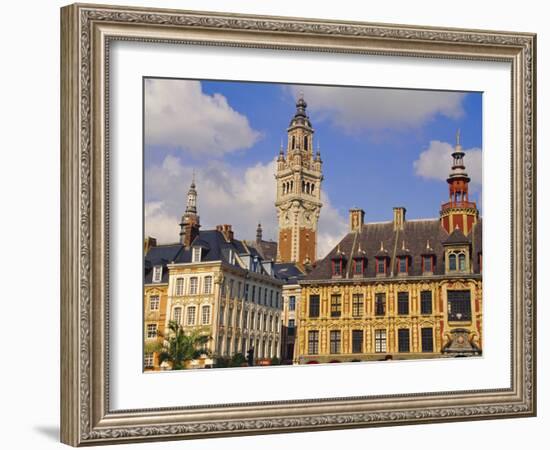 Flemish Houses, Belfry of the Nouvelle Bourse and Vielle Bourse, Grand Place, Lille, Nord, France-David Hughes-Framed Photographic Print