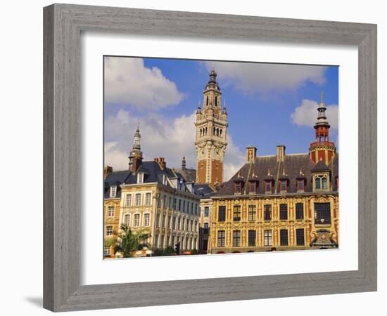 Flemish Houses, Belfry of the Nouvelle Bourse and Vielle Bourse, Grand Place, Lille, Nord, France-David Hughes-Framed Photographic Print