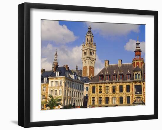 Flemish Houses, Belfry of the Nouvelle Bourse and Vielle Bourse, Grand Place, Lille, Nord, France-David Hughes-Framed Photographic Print