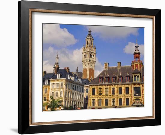 Flemish Houses, Belfry of the Nouvelle Bourse and Vielle Bourse, Grand Place, Lille, Nord, France-David Hughes-Framed Photographic Print