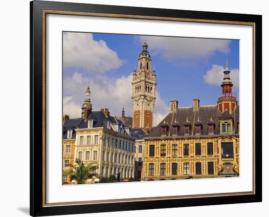 Flemish Houses, Belfry of the Nouvelle Bourse and Vielle Bourse, Grand Place, Lille, Nord, France-David Hughes-Framed Photographic Print