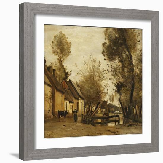 Flesselles, Street with Peasant and Cow-Jean-Baptiste-Camille Corot-Framed Giclee Print