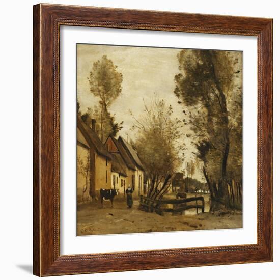 Flesselles, Street with Peasant and Cow-Jean-Baptiste-Camille Corot-Framed Giclee Print