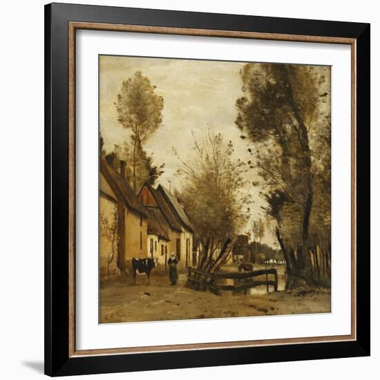 Flesselles, Street with Peasant and Cow-Jean-Baptiste-Camille Corot-Framed Giclee Print