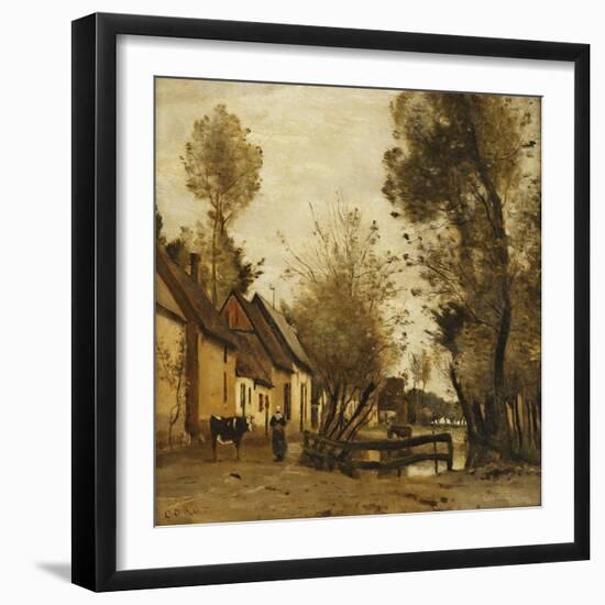 Flesselles, Street with Peasant and Cow-Jean-Baptiste-Camille Corot-Framed Giclee Print