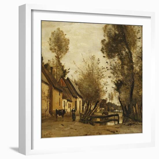 Flesselles, Street with Peasant and Cow-Jean-Baptiste-Camille Corot-Framed Giclee Print