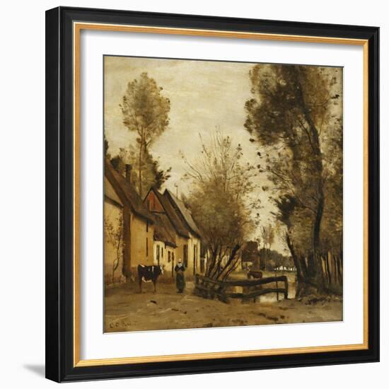 Flesselles, Street with Peasant and Cow-Jean-Baptiste-Camille Corot-Framed Giclee Print