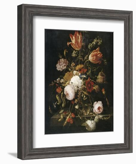 Fleurs dans une carafe de cristal avec une branche de pois et un escargot-Abraham Mignon-Framed Giclee Print