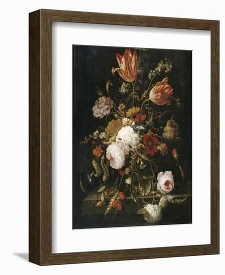 Fleurs dans une carafe de cristal avec une branche de pois et un escargot-Abraham Mignon-Framed Giclee Print