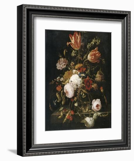 Fleurs dans une carafe de cristal avec une branche de pois et un escargot-Abraham Mignon-Framed Giclee Print