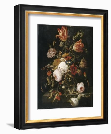 Fleurs dans une carafe de cristal avec une branche de pois et un escargot-Abraham Mignon-Framed Giclee Print