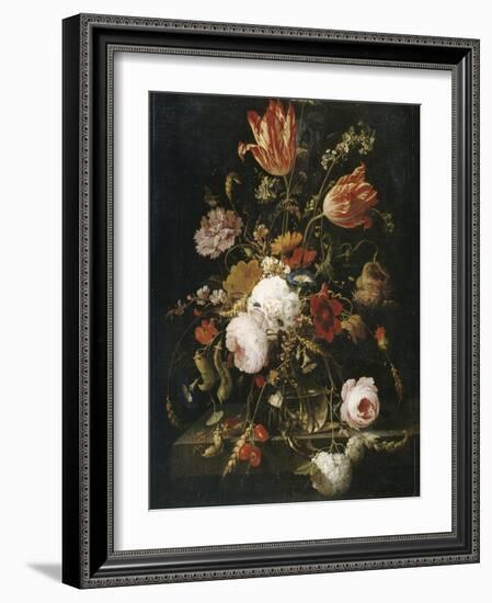 Fleurs dans une carafe de cristal avec une branche de pois et un escargot-Abraham Mignon-Framed Giclee Print