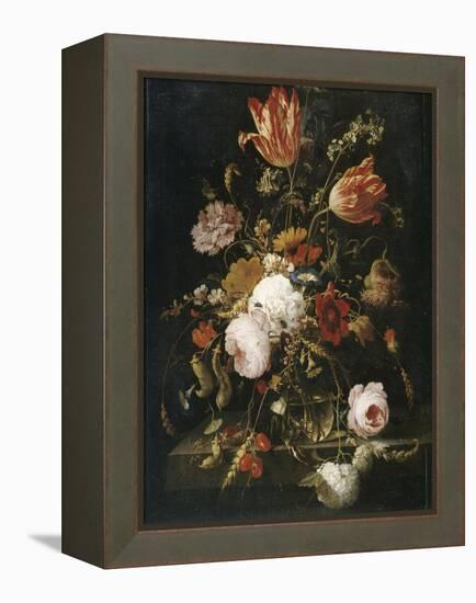 Fleurs dans une carafe de cristal avec une branche de pois et un escargot-Abraham Mignon-Framed Premier Image Canvas