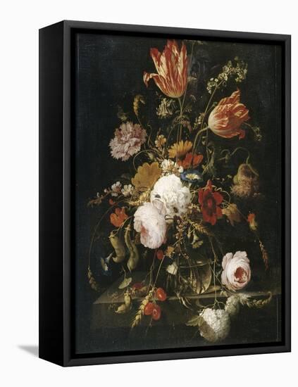 Fleurs dans une carafe de cristal avec une branche de pois et un escargot-Abraham Mignon-Framed Premier Image Canvas