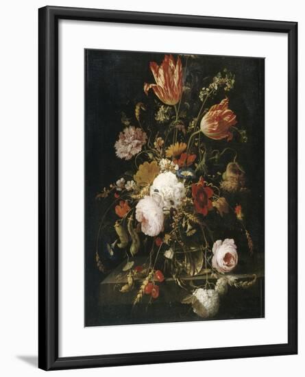 Fleurs dans une carafe de cristal avec une branche de pois et un escargot-Abraham Mignon-Framed Giclee Print