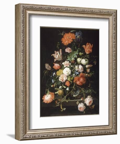 Fleurs dans une carafe de cristal placé sur un piédestal en pierre avec une libellule-Abraham Mignon-Framed Giclee Print