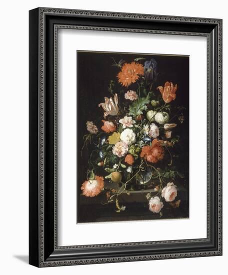 Fleurs dans une carafe de cristal placé sur un piédestal en pierre avec une libellule-Abraham Mignon-Framed Giclee Print