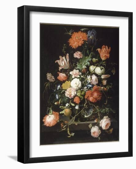 Fleurs dans une carafe de cristal placé sur un piédestal en pierre avec une libellule-Abraham Mignon-Framed Giclee Print